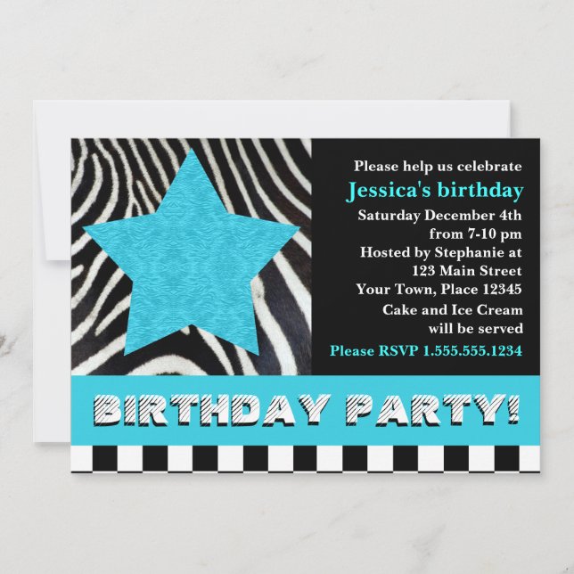Invitation Fête d'anniversaire du rock Star Zebra - Blue (Devant)