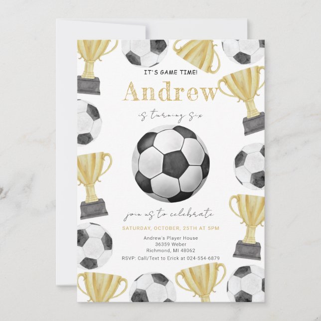 Invitation Fête d'anniversaire du soccer d'aquarelle personne (Devant)