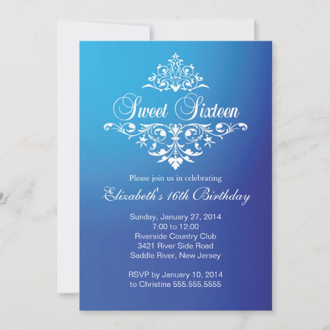 Invitation Fête d'anniversaire du Sweet sixteen bleu moderne  (Devant)