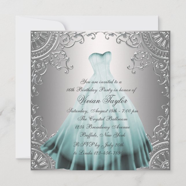 Invitation Fête d'anniversaire du Sweet sixteen bleu Turquois (Devant)