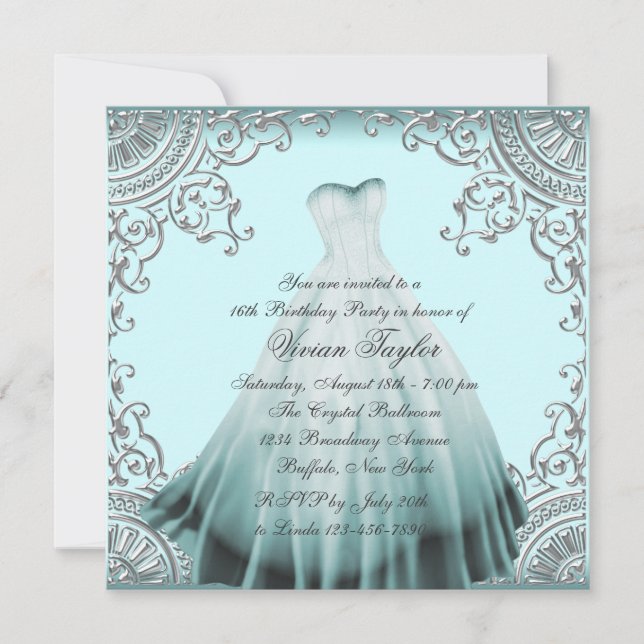 Invitation Fête d'anniversaire du Sweet sixteen bleu Turquois (Devant)