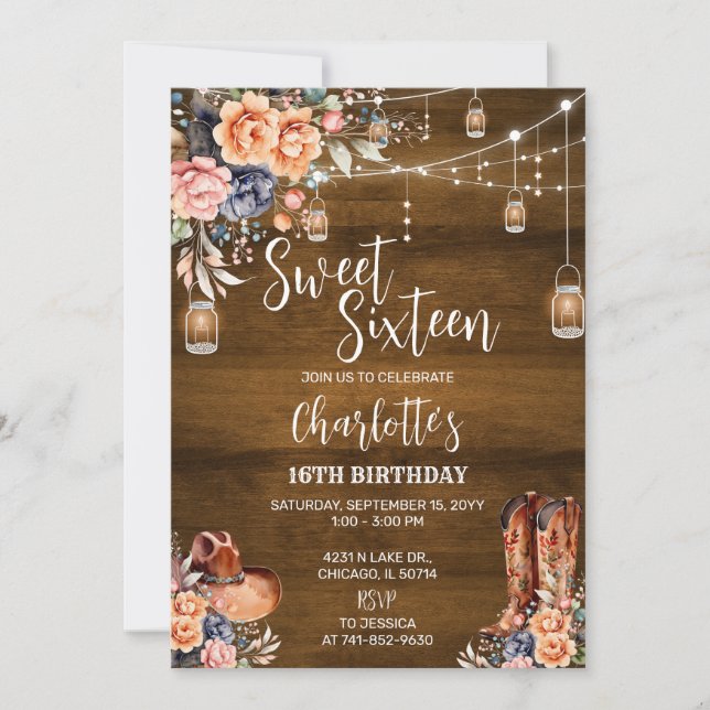 Invitation Fête d'anniversaire du Sweet sixteen occidental ru (Devant)