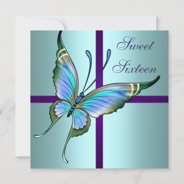 Invitation Fête d'anniversaire du Sweet sixteen papillon turq (Devant)