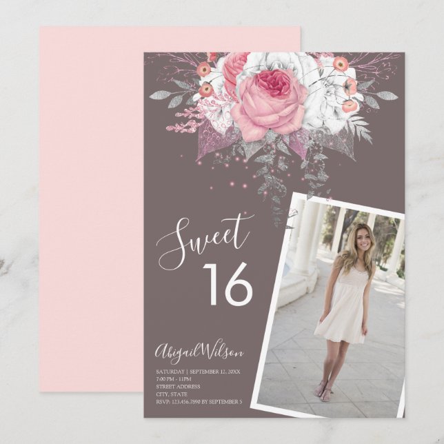 Invitation Fête d'anniversaire du sweet sixteen rose floral m (Devant / Derrière)