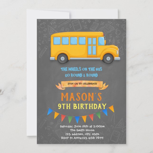 Invitation Fête d'anniversaire du thème du bus scolaire (Devant)