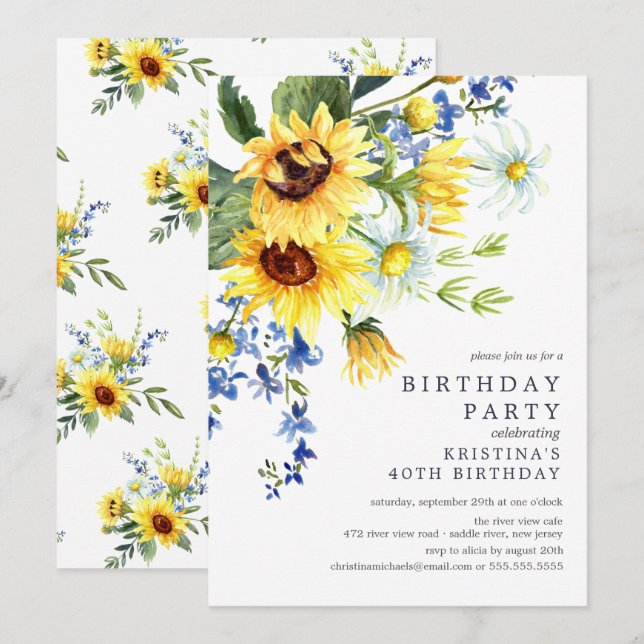 Invitation Fête d'anniversaire du tournesol jaune joyeux (Devant / Derrière)