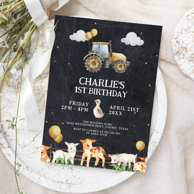 Invitation Fête d'anniversaire du tracteur Aquarelle Animaux  (Créateur téléchargé)
