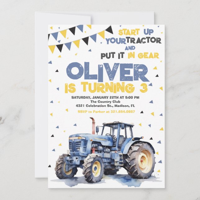Invitation Fête d'anniversaire du Tracteur jaune bleu (Devant)