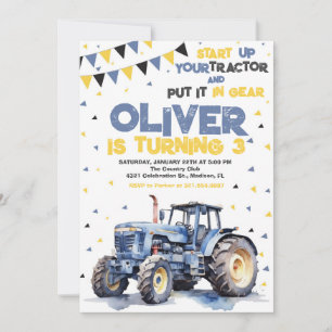 Invitation Fête d'anniversaire du Tracteur jaune bleu