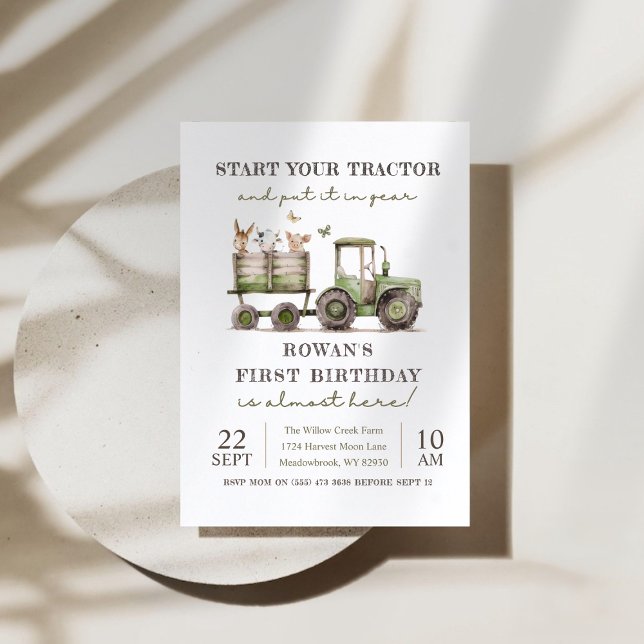 Invitation Fête d'anniversaire du tracteur vert et des animau (Green tractor & farm animals birthday party invitation)