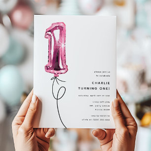 Invitation Fête d'anniversaire d'un an avec un ballon rose mi