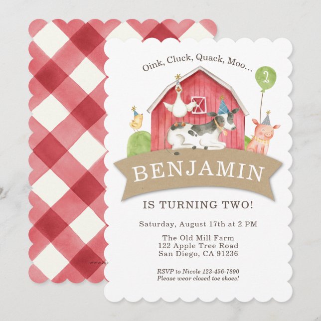 Invitation Fête d'anniversaire d'un animal de ferme Red Check (Devant / Derrière)