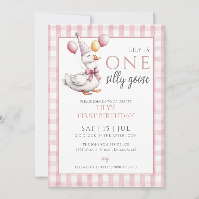Invitation Fête d'anniversaire d'une fille d'oie bête (Devant)