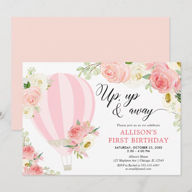 Invitation Fête d'anniversaire d'une montgolfière à crème ros (Devant / Derrière)