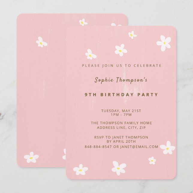 Invitation Fête d'anniversaire Dusty Rose mignonette Daisies  (Devant / Derrière)