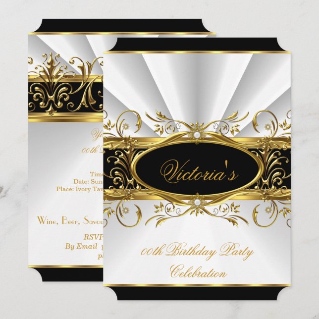 Invitation Fête d'anniversaire Elégant Blanc Or Floral Noir 4 (Devant / Derrière)