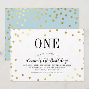 Invitation FÊTE D'ANNIVERSAIRE élégant confetti or bleu garço