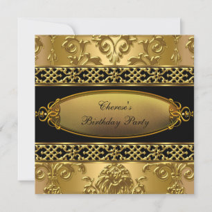 Invitation Fête d'anniversaire Élégant Damassé Or Noir 3