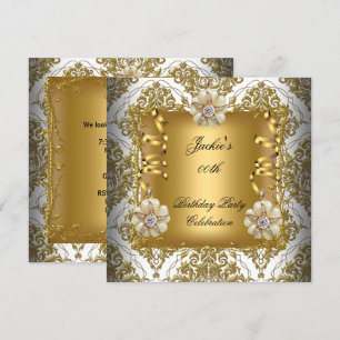 Invitation Fête d'anniversaire Élégant Or Blanc Argent Damass