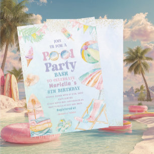 Invitation Fête d'anniversaire élégante aquarelle piscine 8