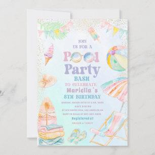 Invitation Fête d'anniversaire élégante aquarelle piscine 8