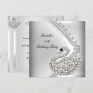 Invitation Fête d'Anniversaire Elégante Blanche Argent Swan