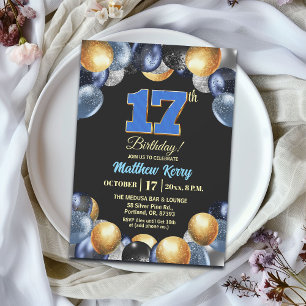 Invitation Fête d'anniversaire élégante bleu argent or 17 ans