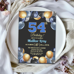 Invitation Fête d'anniversaire élégante bleu argent or 54 ans