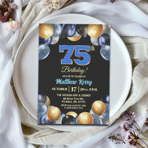 Invitation Fête d'anniversaire élégante bleu argent or 75 ans