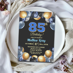 Invitation Fête d'anniversaire élégante bleu argent or 85 ans