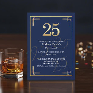 Invitation Fête d'anniversaire élégante Bleu Or 25 ans