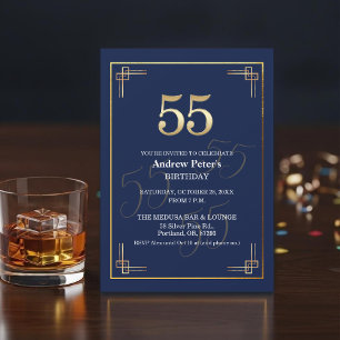Invitation Fête d'anniversaire élégante bleu or 55 ans