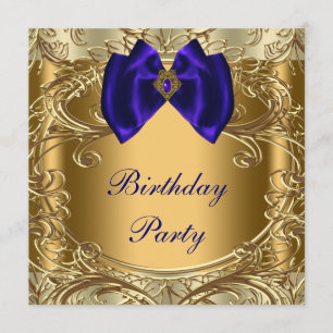 Invitation Fête d'anniversaire élégante bleu royal et or