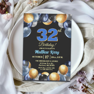Invitation Fête d'anniversaire élégante bleue argent or 32 an