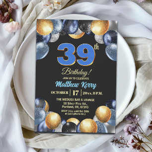 Invitation Fête d'anniversaire élégante bleue argent or 39 an