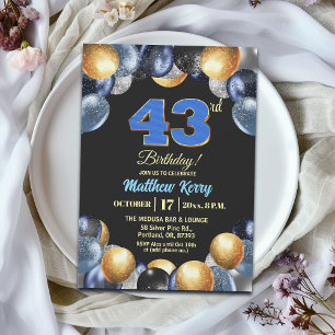 Invitation Fête d'anniversaire élégante bleue argent or 43 an
