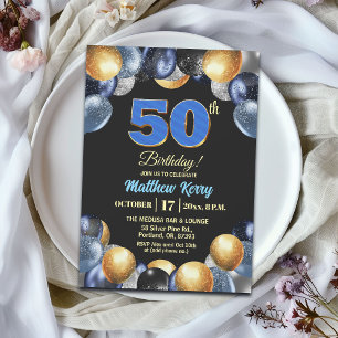 Invitation Fête d'anniversaire élégante bleue argent or 50 an