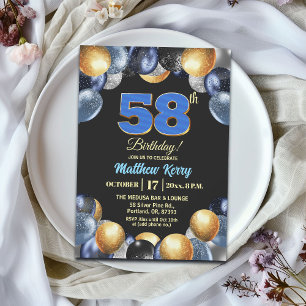 Invitation Fête d'anniversaire élégante bleue argent or 58 an