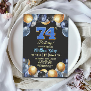 Invitation Fête d'anniversaire élégante bleue argent or 74 an