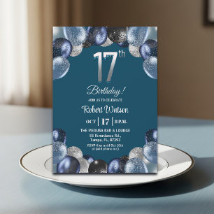 Invitation Fête d'anniversaire élégante bleue et argentée 17