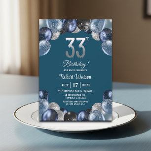 Invitation Fête d'anniversaire élégante bleue et argentée 33