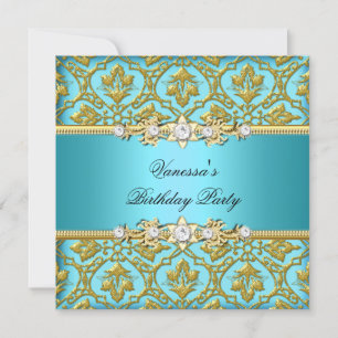 Invitation Fête d'anniversaire élégante Damas sarcelle bleu o