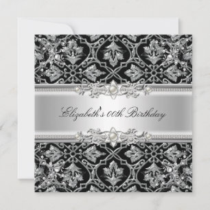 Invitation Fête d'anniversaire élégante damassée noire et arg