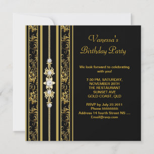 Invitation Fête d'anniversaire élégante damassée or noir