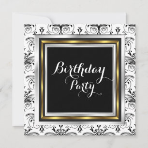 Invitation Fête d'anniversaire élégante damassée or noir blan