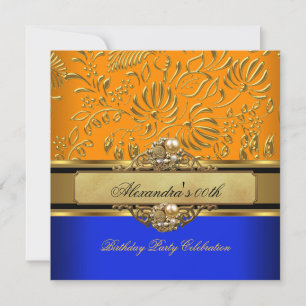 Invitation Fête d'anniversaire élégante damassée orange bleu 