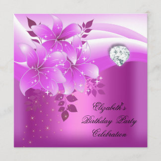 Invitation Fête d'anniversaire élégante diamant floral rose