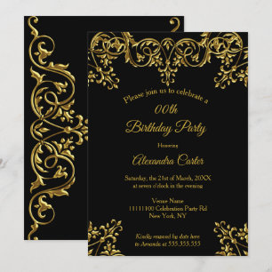 Invitation Fête d'anniversaire élégante dorée noire ornée