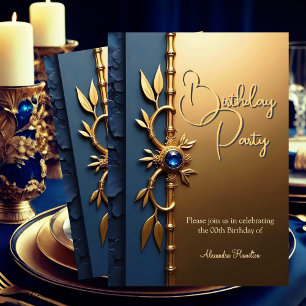 Invitation Fête d'anniversaire élégante en acier bleu orné d'