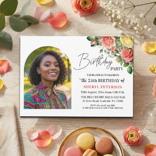Invitation Fête d'anniversaire élégante florale avec photo 24